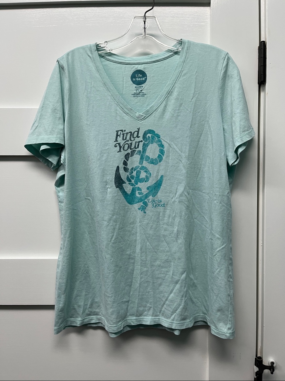Life Is Good Teal V‑Neck Classic Fit Tee with anchor